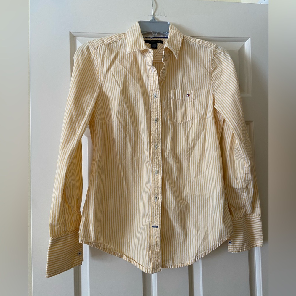 Yellow and white striped long sleeve button down